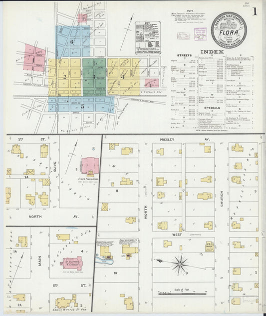 Sanborn Fire Insurance Map from Flora, Clay County, Illinois (1906), Sheet #0001 - Historic Sanborn Fire Insurance Map Print, vintage old map wall art, antique decor, genealogy gift, Illinois Illinois map