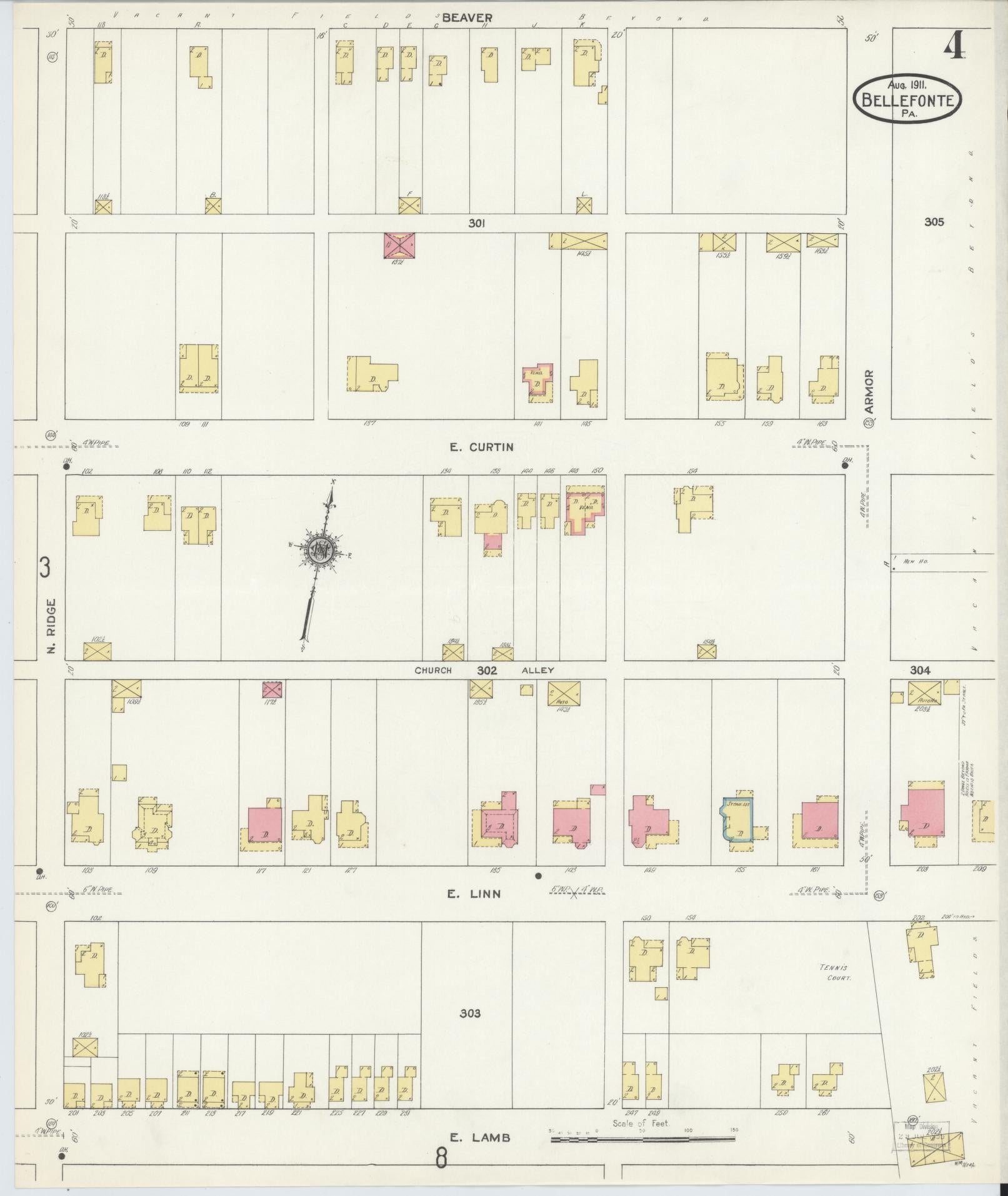 Sanborn Fire Insurance Map from Bellefonte, Centre County, Pennsylvania (1911), Sheet #0004 - Historic Sanborn Fire Insurance Map Print, vintage old map wall art, antique decor, genealogy gift, Pennsylvania Pennsylvania map