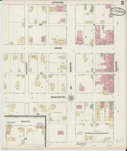 Sanborn Fire Insurance Map from Pittsfield, Pike County, Illinois (1890), Sheet #0002 - Historic Sanborn Fire Insurance Map Print, vintage old map wall art, antique decor, genealogy gift, Illinois Illinois map