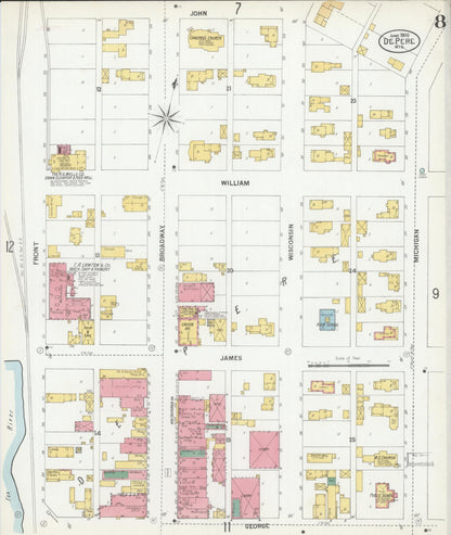 Sanborn Fire Insurance Map from De Pere, Brown County, Wisconsin (1900), Sheet #0008 - Historic Sanborn Fire Insurance Map Print, vintage old map wall art, antique decor, genealogy gift, Wisconsin Wisconsin map