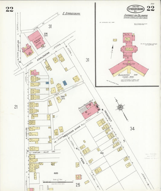 Sanborn Fire Insurance Map from Stroudsburg, Monroe County, Pennsylvania (1923), Sheet #0022 - Historic Sanborn Fire Insurance Map Print, vintage old map wall art, antique decor, genealogy gift, Pennsylvania Pennsylvania map