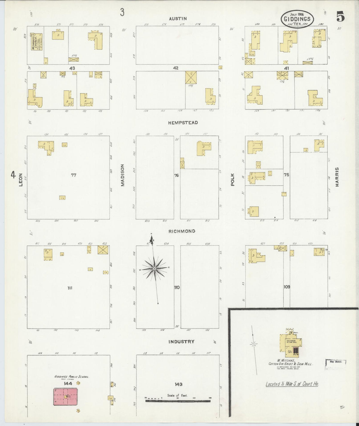 Sanborn Fire Insurance Map from Giddings, Lee County, Texas (1906), Sheet #0005 - Complete Map Set gallery image, historic Sanborn map, vintage wall art, Texas Texas