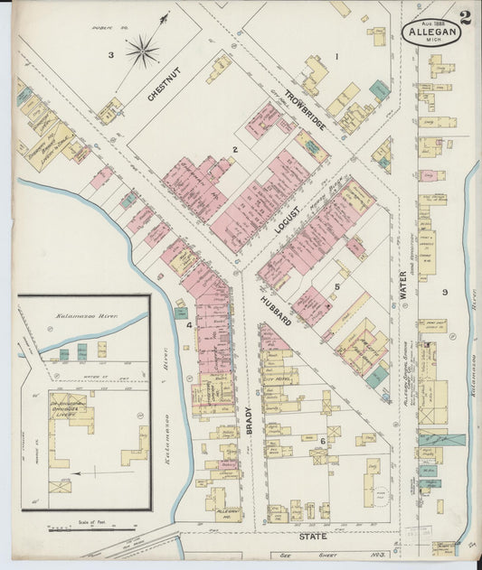 Sanborn Fire Insurance Map from Allegan, Allegan County, Michigan (1888), Sheet #0002 - Historic Sanborn Fire Insurance Map Print, vintage old map wall art, antique decor, genealogy gift, Michigan Michigan map