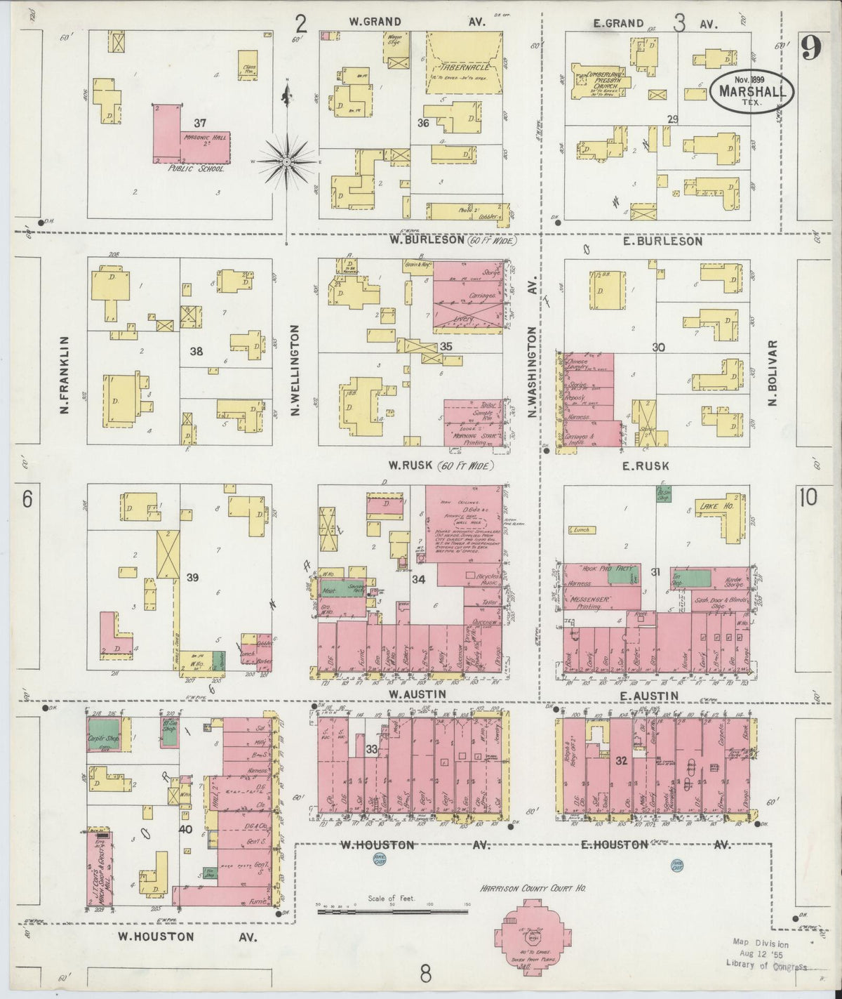 Sanborn Fire Insurance Map from Marshall, Harrison County, Texas (1899), Sheet #0009 - Complete Map Set gallery image, historic Sanborn map, vintage wall art, Texas Texas