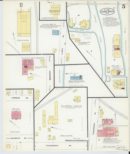 Sanborn Fire Insurance Map from Canal Dover, Tuscarawas County, Ohio (1907), Sheet #0005 - Historic Sanborn Fire Insurance Map Print, vintage old map wall art, antique decor, genealogy gift, Ohio Ohio map