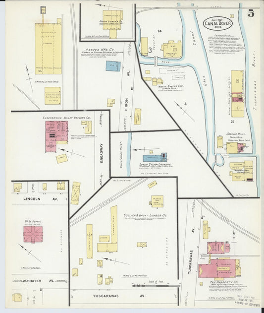 Sanborn Fire Insurance Map from Canal Dover, Tuscarawas County, Ohio (1907), Sheet #0005 - Historic Sanborn Fire Insurance Map Print, vintage old map wall art, antique decor, genealogy gift, Ohio Ohio map