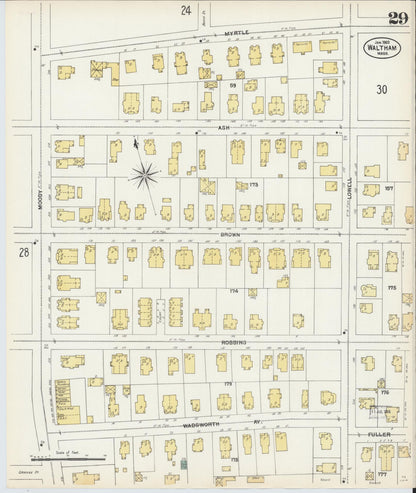 Sanborn Fire Insurance Map from Waltham, Middlesex County, Massachusetts (1903), Sheet #0029 - Historic Sanborn Fire Insurance Map Print, vintage old map wall art, antique decor, genealogy gift, Massachusetts Massachusetts map