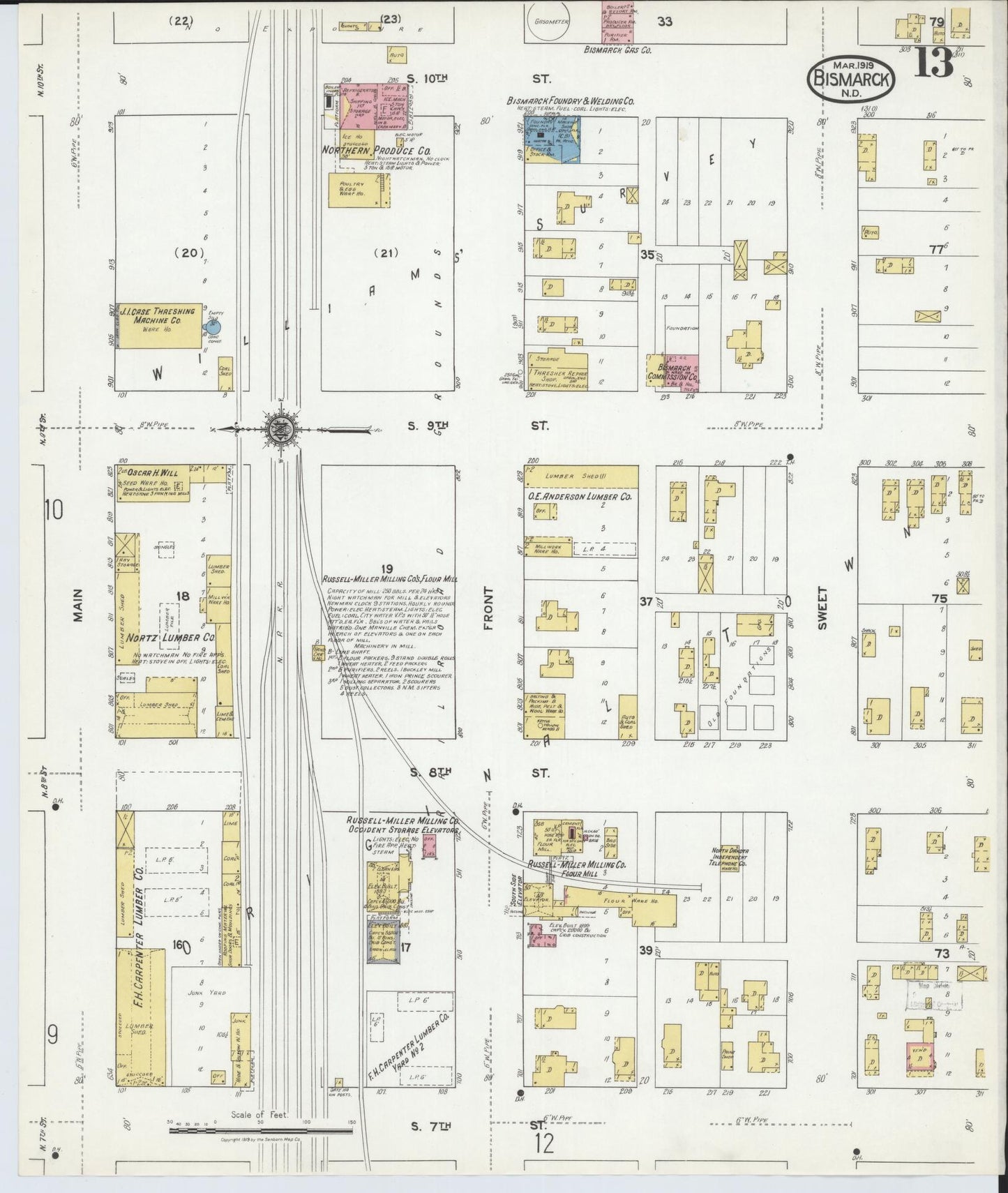 Sanborn Fire Insurance Map from Bismarck, Burleigh County, North Dakota (1919), Sheet #0013 - Complete Map Set gallery image, historic Sanborn map, vintage wall art, North Dakota North Dakota