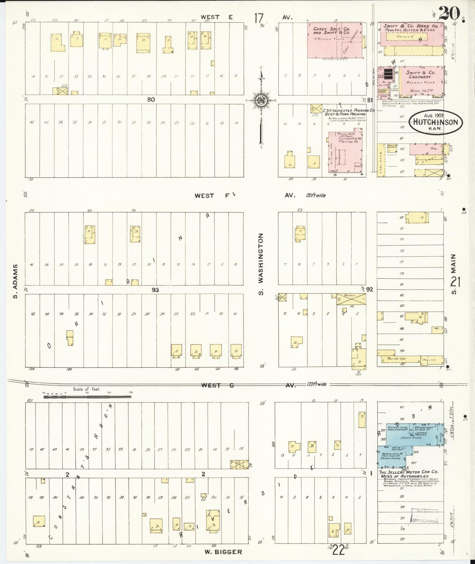 Sanborn Fire Insurance Map from Hutchinson, Reno County, Kansas (1909), Sheet #0020 - Historic Sanborn Fire Insurance Map Print, vintage old map wall art, antique decor, genealogy gift, Kansas Kansas map
