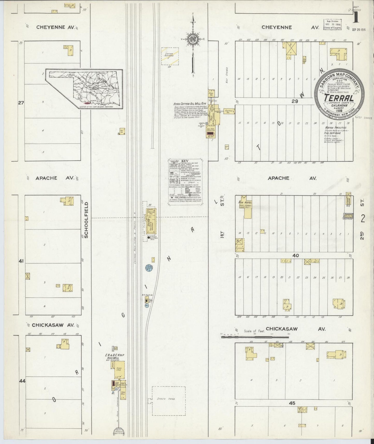 Sanborn Fire Insurance Map from Terral, Jefferson County, Oklahoma (1916), Sheet #0001 - Historic Sanborn Fire Insurance Map Print, vintage old map wall art, antique decor, genealogy gift, Oklahoma Oklahoma map