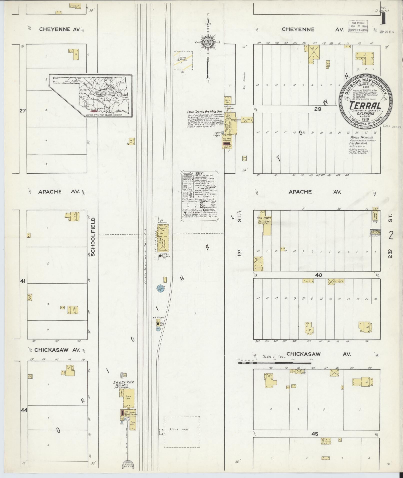 Sanborn Fire Insurance Map from Terral, Jefferson County, Oklahoma (1916), Sheet #0001 - Historic Sanborn Fire Insurance Map Print, vintage old map wall art, antique decor, genealogy gift, Oklahoma Oklahoma map