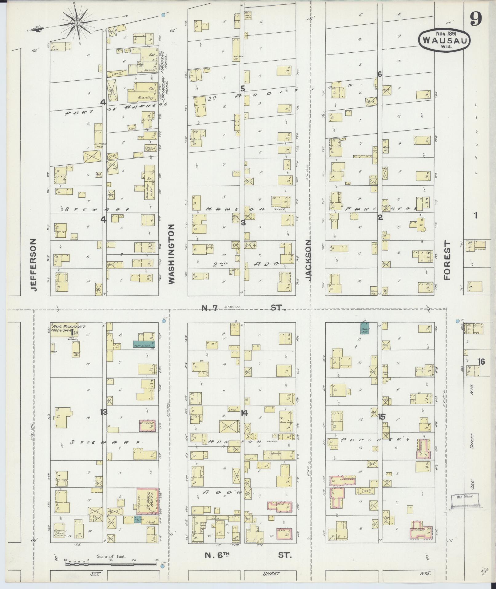 Sanborn Fire Insurance Map from Wausau, Marathon County, Wisconsin (1891), Sheet #0009 - Complete Map Set gallery image, historic Sanborn map, vintage wall art, Wisconsin Wisconsin