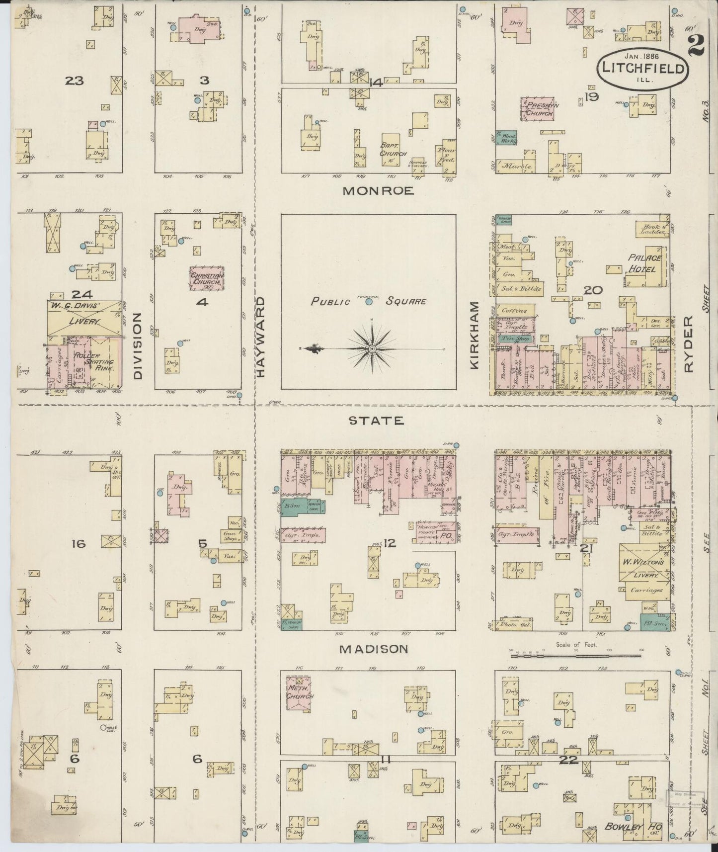 Sanborn Fire Insurance Map from Litchfield, Montgomery County, Illinois (1886), Sheet #0002 - Complete Map Set gallery image, historic Sanborn map, vintage wall art, Illinois Illinois