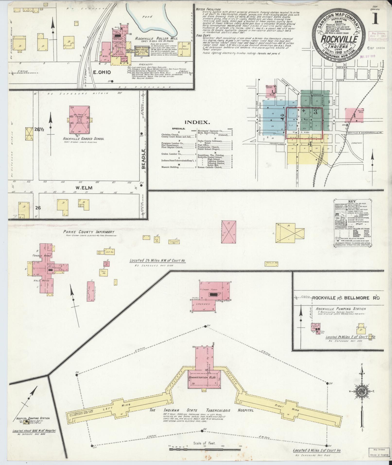 Sanborn Fire Insurance Map from Rockville, Parke County, Indiana (1910), Sheet #0001 - Historic Sanborn Fire Insurance Map Print, vintage old map wall art, antique decor, genealogy gift, Indiana Indiana map