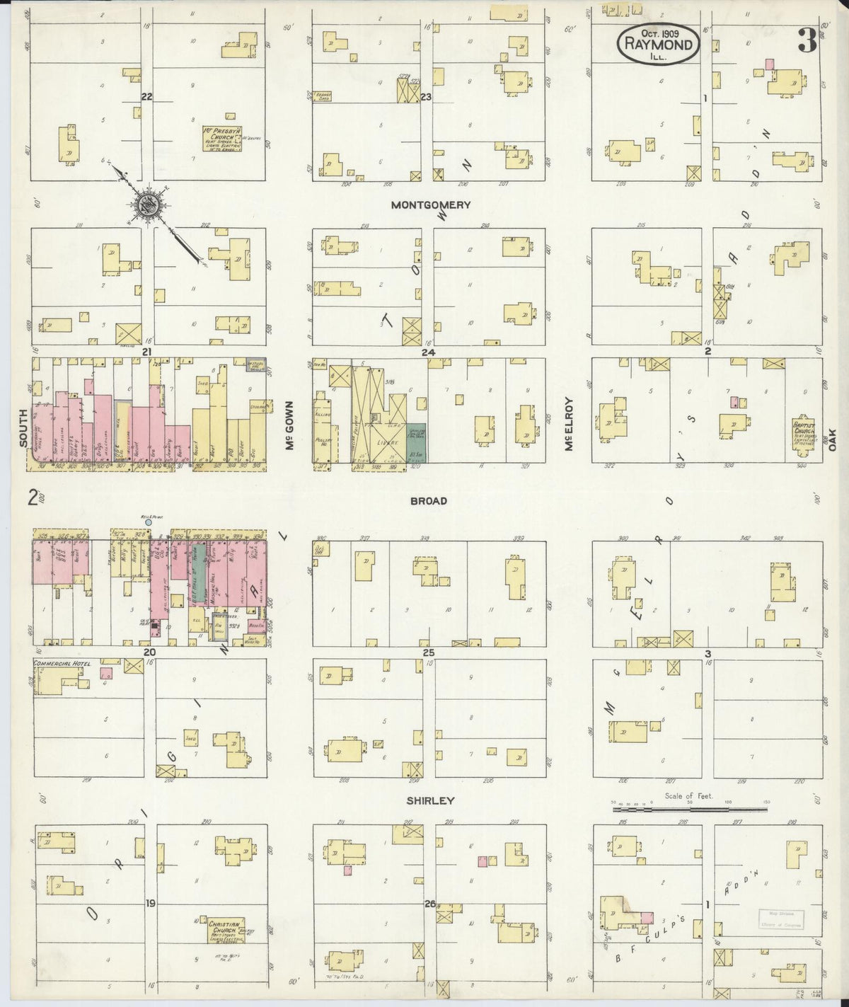 Sanborn Fire Insurance Map from Raymond, Montgomery County, Illinois (1909), Sheet #0003 - Historic Sanborn Fire Insurance Map Print, vintage old map wall art, antique decor, genealogy gift, Illinois Illinois map