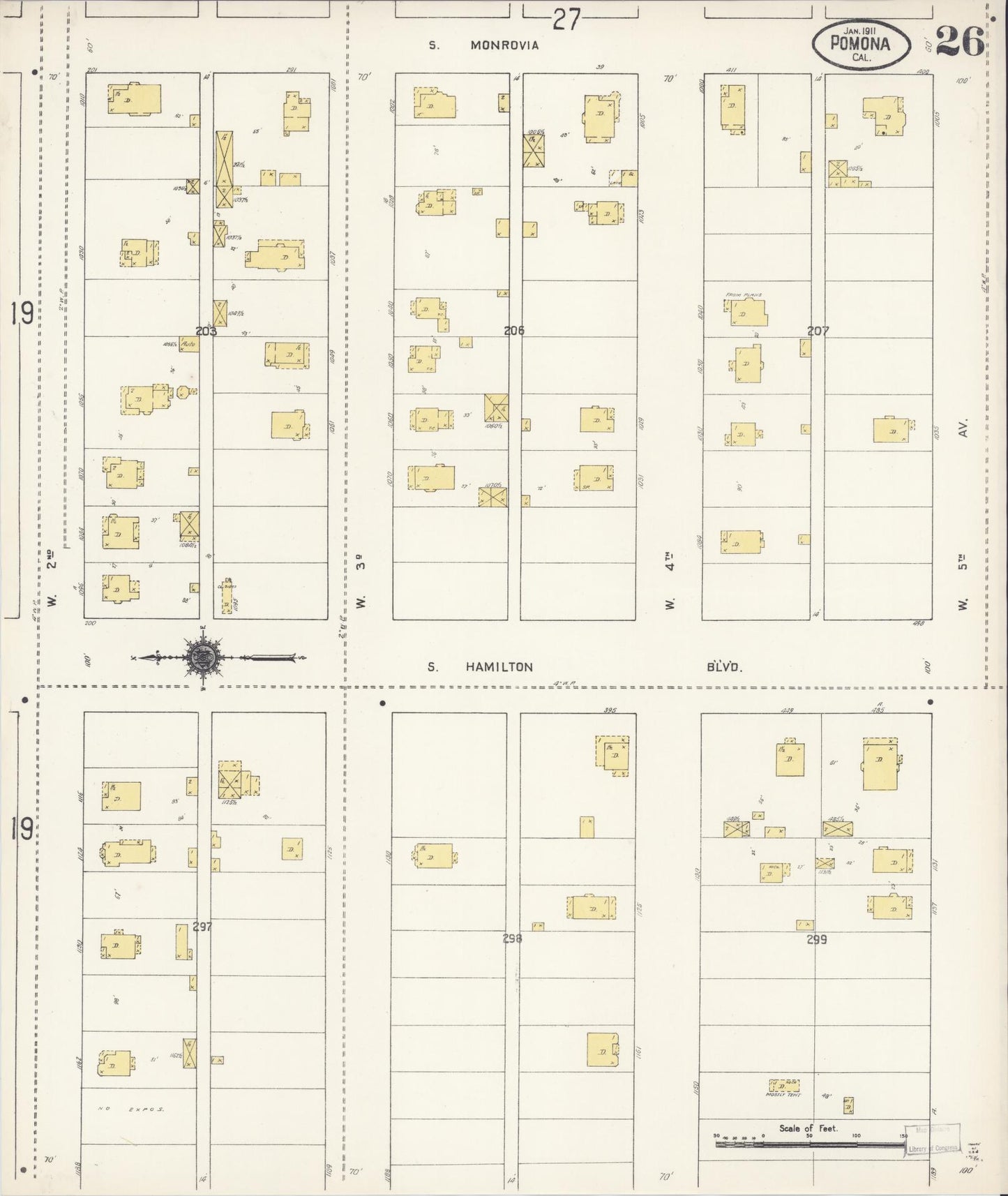 Sanborn Fire Insurance Map from Pomona, Los Angeles County, California (1911), Sheet #0026 - Complete Map Set gallery image, historic Sanborn map, vintage wall art, California California