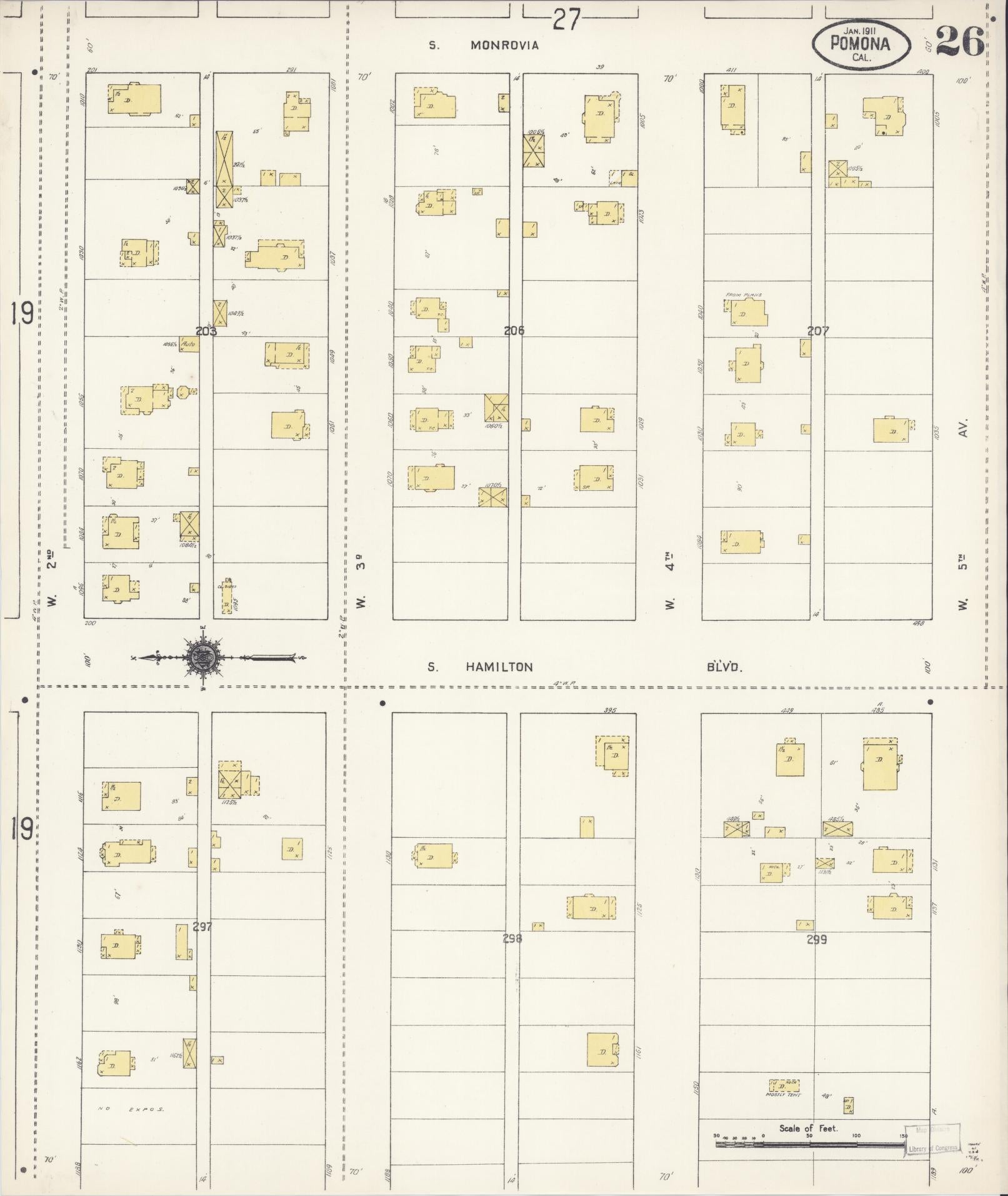 Sanborn Fire Insurance Map from Pomona, Los Angeles County, California (1911), Sheet #0026 - Complete Map Set gallery image, historic Sanborn map, vintage wall art, California California