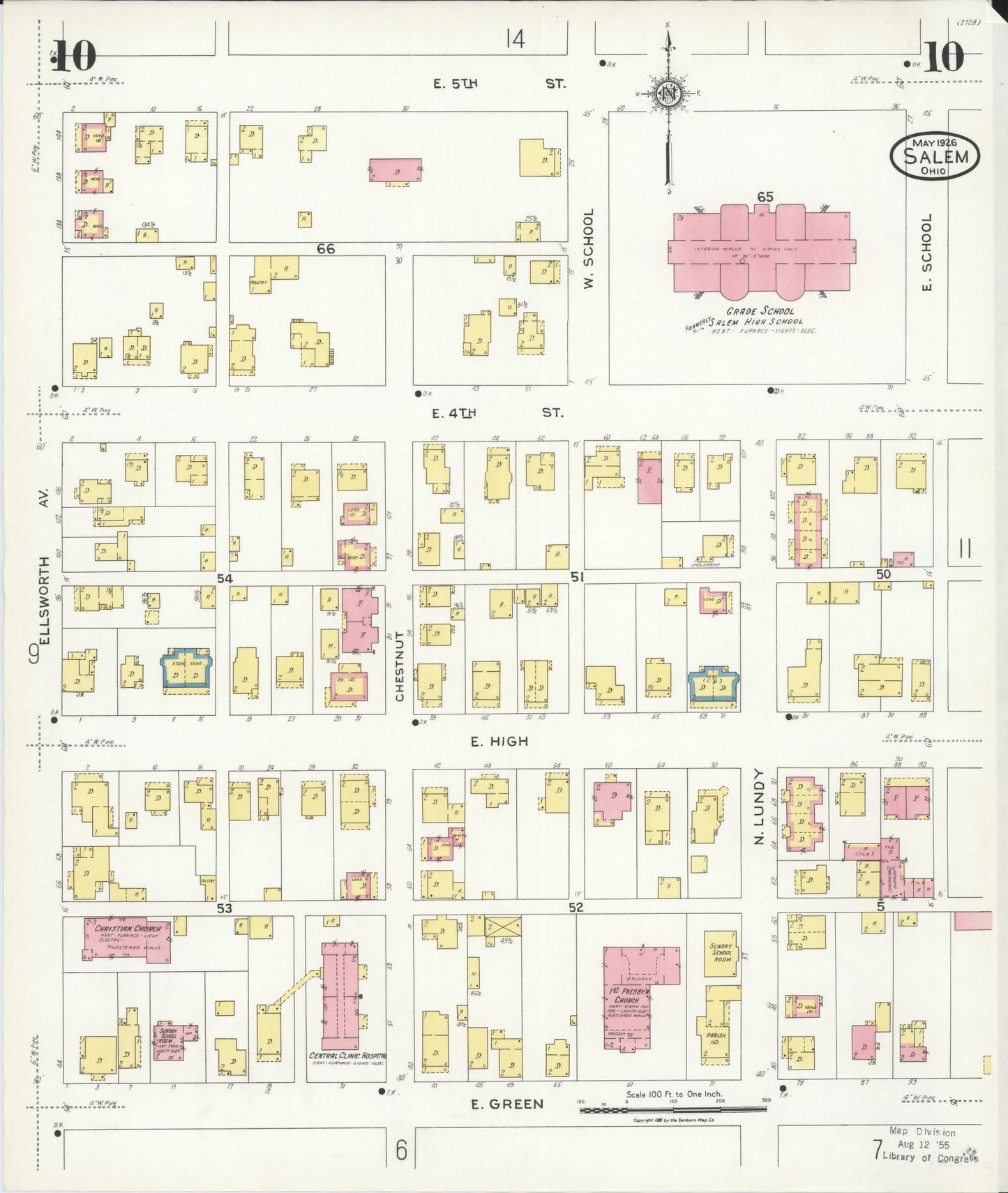 Sanborn Fire Insurance Map from Salem, Columbiana County, Ohio (1926), Sheet #0010 - Historic Sanborn Fire Insurance Map Print, vintage old map wall art, antique decor, genealogy gift, Ohio Ohio map