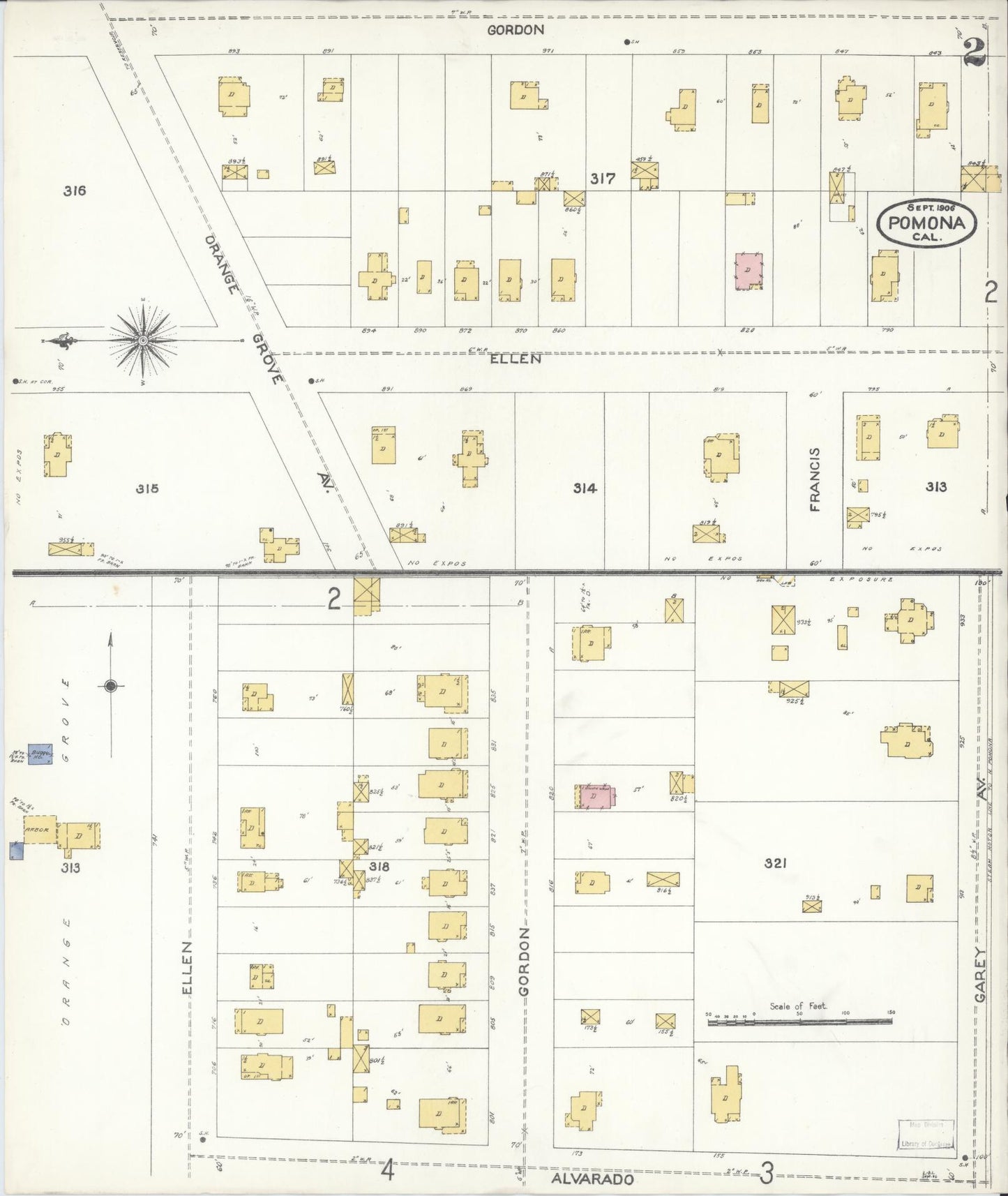 Sanborn Fire Insurance Map from Pomona, Los Angeles County, California (1906), Sheet #0002 - Complete Map Set gallery image, historic Sanborn map, vintage wall art, California California