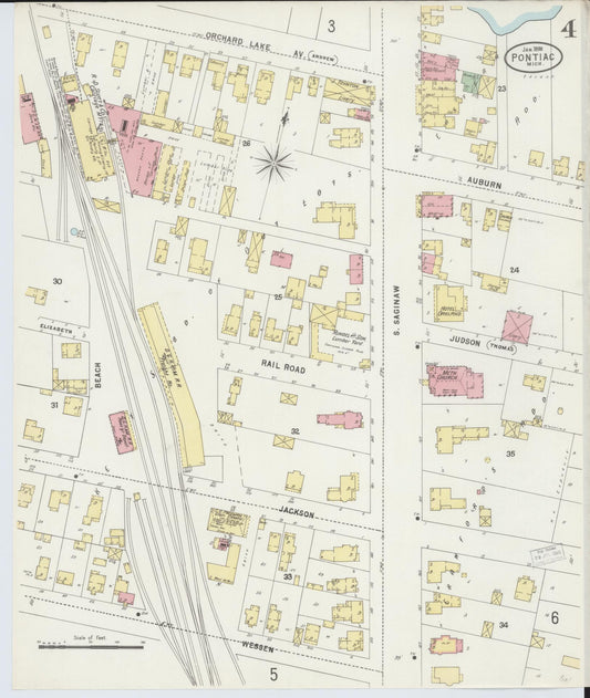 Sanborn Fire Insurance Map from Pontiac, Oakland County, Michigan (1898), Sheet #0004 - Historic Sanborn Fire Insurance Map Print, vintage old map wall art, antique decor, genealogy gift, Michigan Michigan map