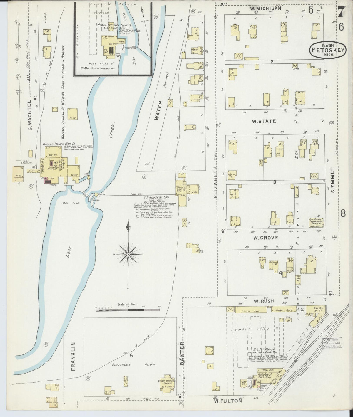 Sanborn Fire Insurance Map from Petoskey, Emmet County, Michigan (1896), Sheet #0007 - Historic Sanborn Fire Insurance Map Print, vintage old map wall art, antique decor, genealogy gift, Michigan Michigan map