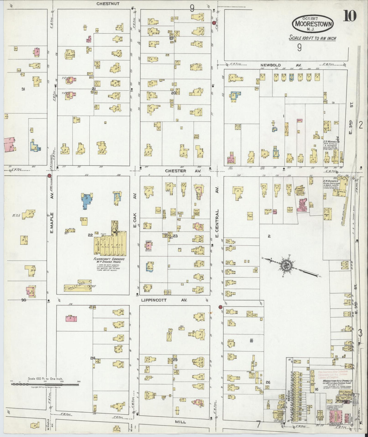 Sanborn Fire Insurance Map from Moorestown, Burlington County, New Jersey (1917), Sheet #0010 - Complete Map Set gallery image, historic Sanborn map, vintage wall art, New Jersey New Jersey