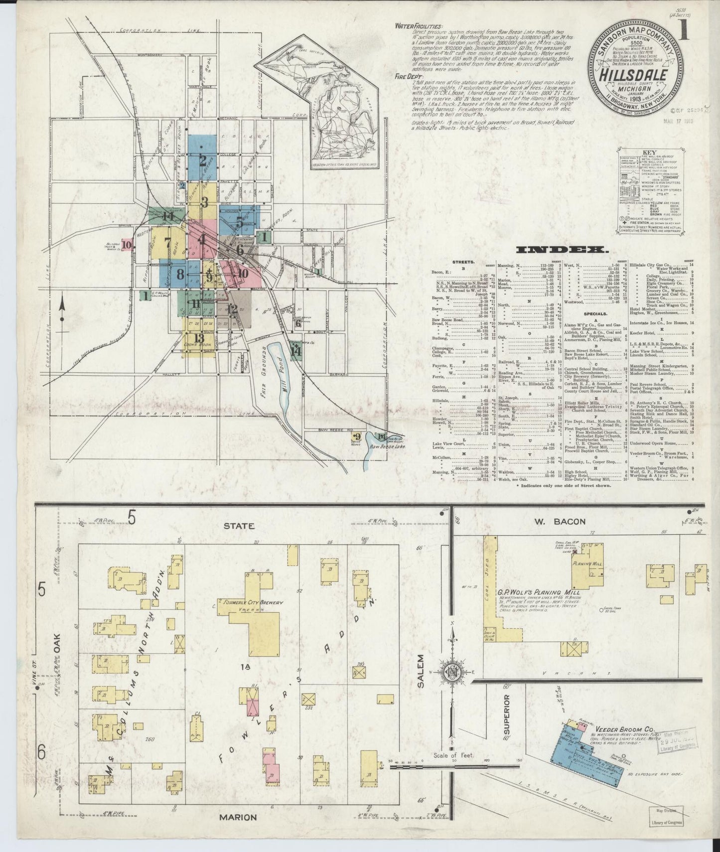 Sanborn Fire Insurance Map from Hillsdale, Hillsdale County, Michigan (1913), Sheet #0001 - Complete Map Set gallery image, historic Sanborn map, vintage wall art, Michigan Michigan