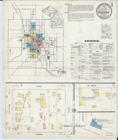 Sanborn Fire Insurance Map from Hillsdale, Hillsdale County, Michigan (1913), Sheet #0001 - Complete Map Set gallery image, historic Sanborn map, vintage wall art, Michigan Michigan