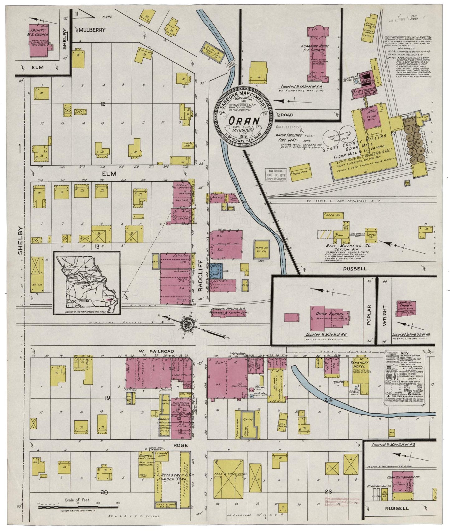 Sanborn Fire Insurance Map from Oran, Scott County, Missouri (1919), Sheet #0001 - Complete Map Set gallery image, historic Sanborn map, vintage wall art, Missouri Missouri