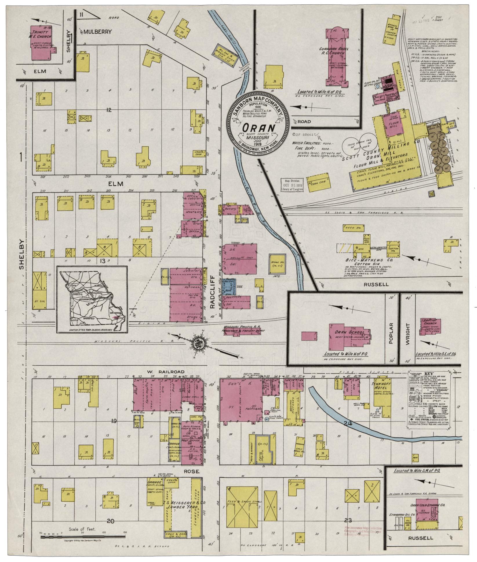 Sanborn Fire Insurance Map from Oran, Scott County, Missouri (1919), Sheet #0001 - Complete Map Set gallery image, historic Sanborn map, vintage wall art, Missouri Missouri