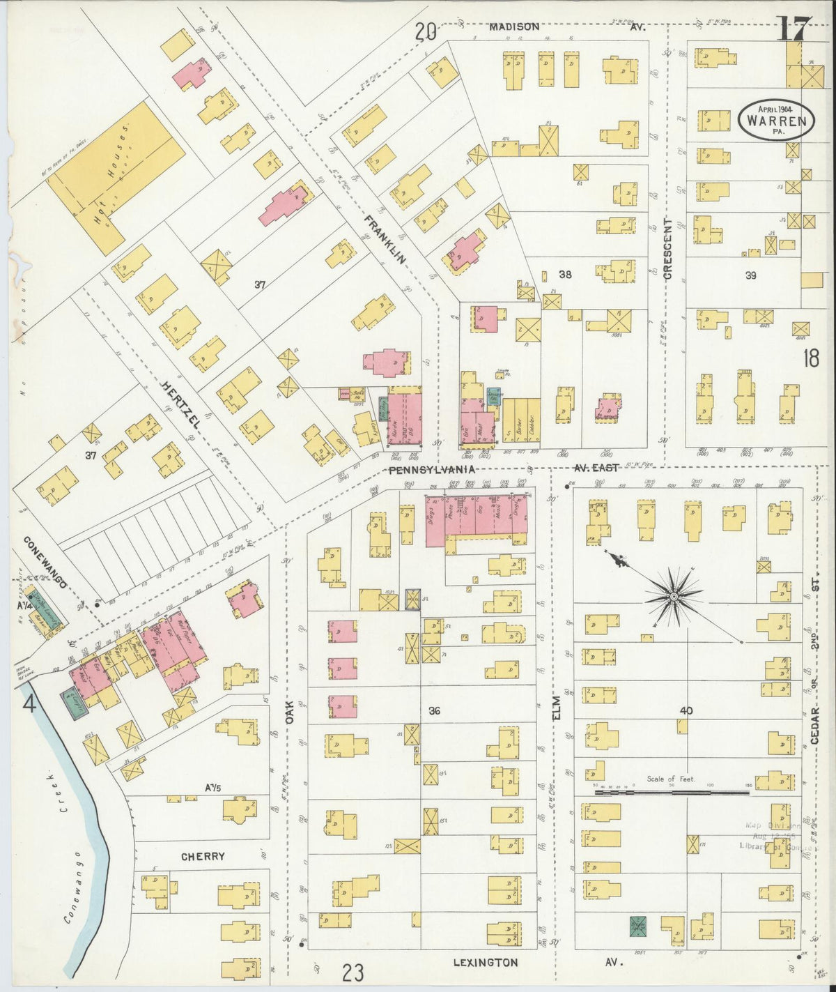 Sanborn Fire Insurance Map from Warren, Warren County, Pennsylvania (1904), Sheet #0017 - Historic Sanborn Fire Insurance Map Print, vintage old map wall art, antique decor, genealogy gift, Pennsylvania Pennsylvania map
