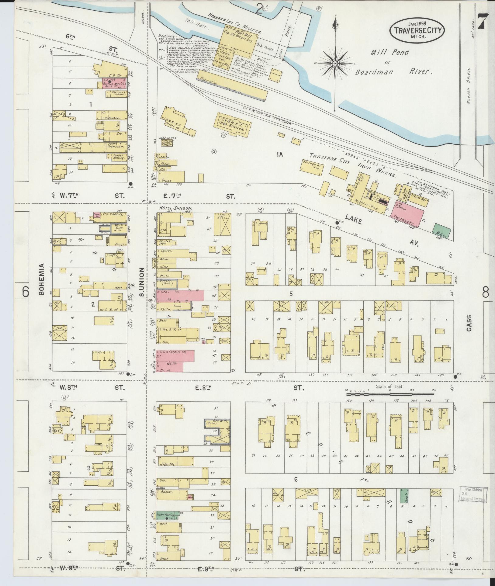 Sanborn Fire Insurance Map from Traverse City, Grand Traverse County, Michigan (1899), Sheet #0007 - Historic Sanborn Fire Insurance Map Print, vintage old map wall art, antique decor, genealogy gift, Michigan Michigan map