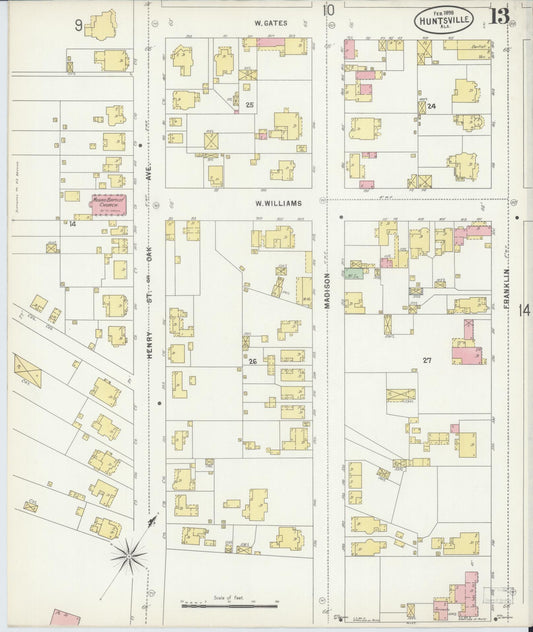 Sanborn Fire Insurance Map from Huntsville, Madison County, Alabama (1898), Sheet #0013 - Historic Sanborn Fire Insurance Map Print, vintage old map wall art, antique decor, genealogy gift, Alabama Alabama map