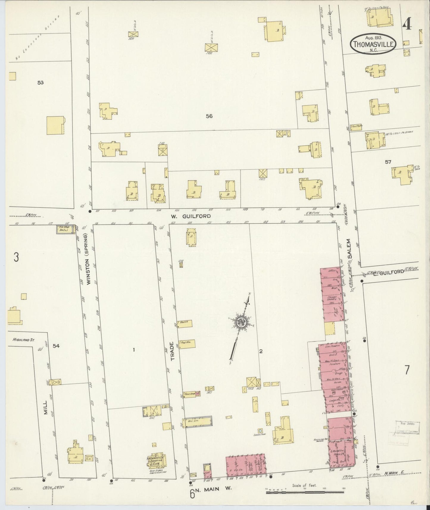 Sanborn Fire Insurance Map from Thomasville, Davidson County, North Carolina (1913), Sheet #0004 - Historic Sanborn Fire Insurance Map Print, vintage old map wall art, antique decor, genealogy gift, North Carolina North Carolina map