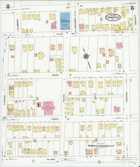 Sanborn Fire Insurance Map from Coraopolis, Allegheny County, Pennsylvania (1924), Sheet #0008 - Historic Sanborn Fire Insurance Map Print, vintage old map wall art, antique decor, genealogy gift, Pennsylvania Pennsylvania map