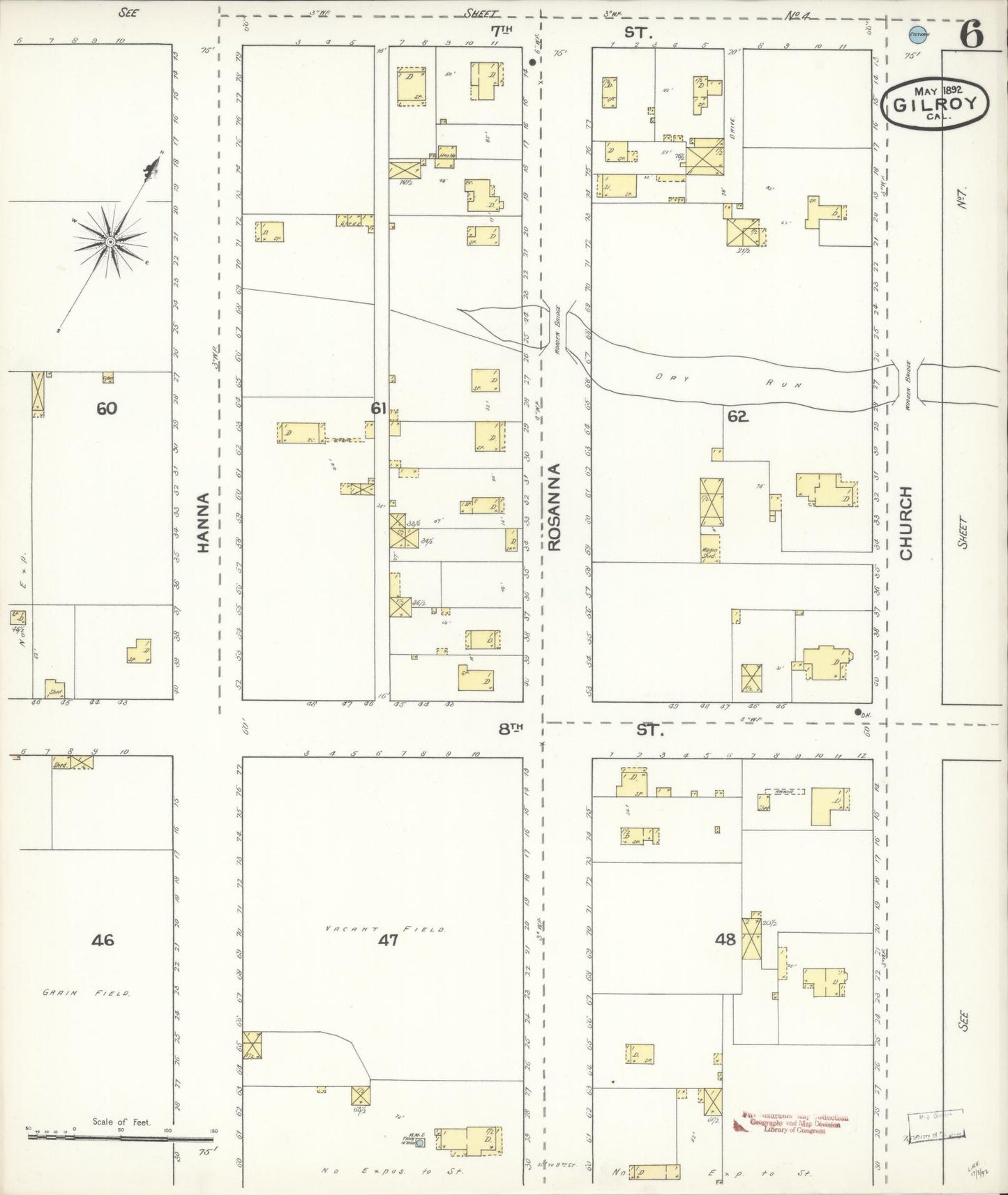 Sanborn Fire Insurance Map from Gilroy, Santa Clara County, California (1892), Sheet #0006 - Historic Sanborn Fire Insurance Map Print, vintage old map wall art, antique decor, genealogy gift, California California map