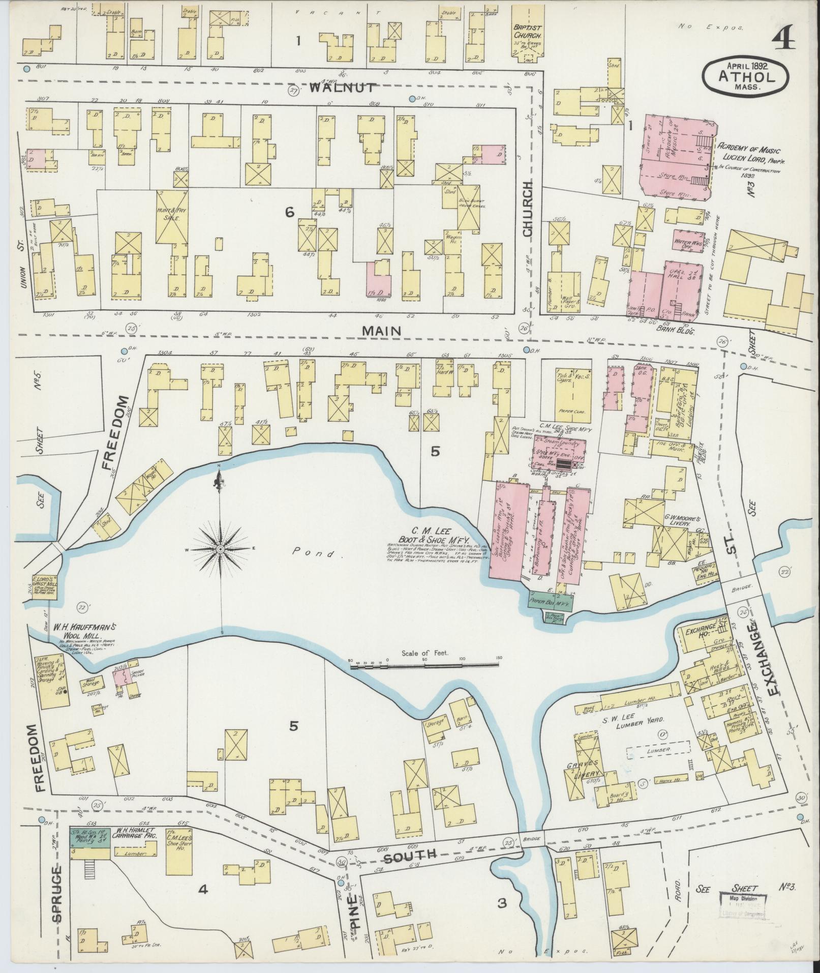 Sanborn Fire Insurance Map from Athol, Worcester County, Massachusetts (1892), Sheet #0004 - Complete Map Set gallery image, historic Sanborn map, vintage wall art, Massachusetts Massachusetts