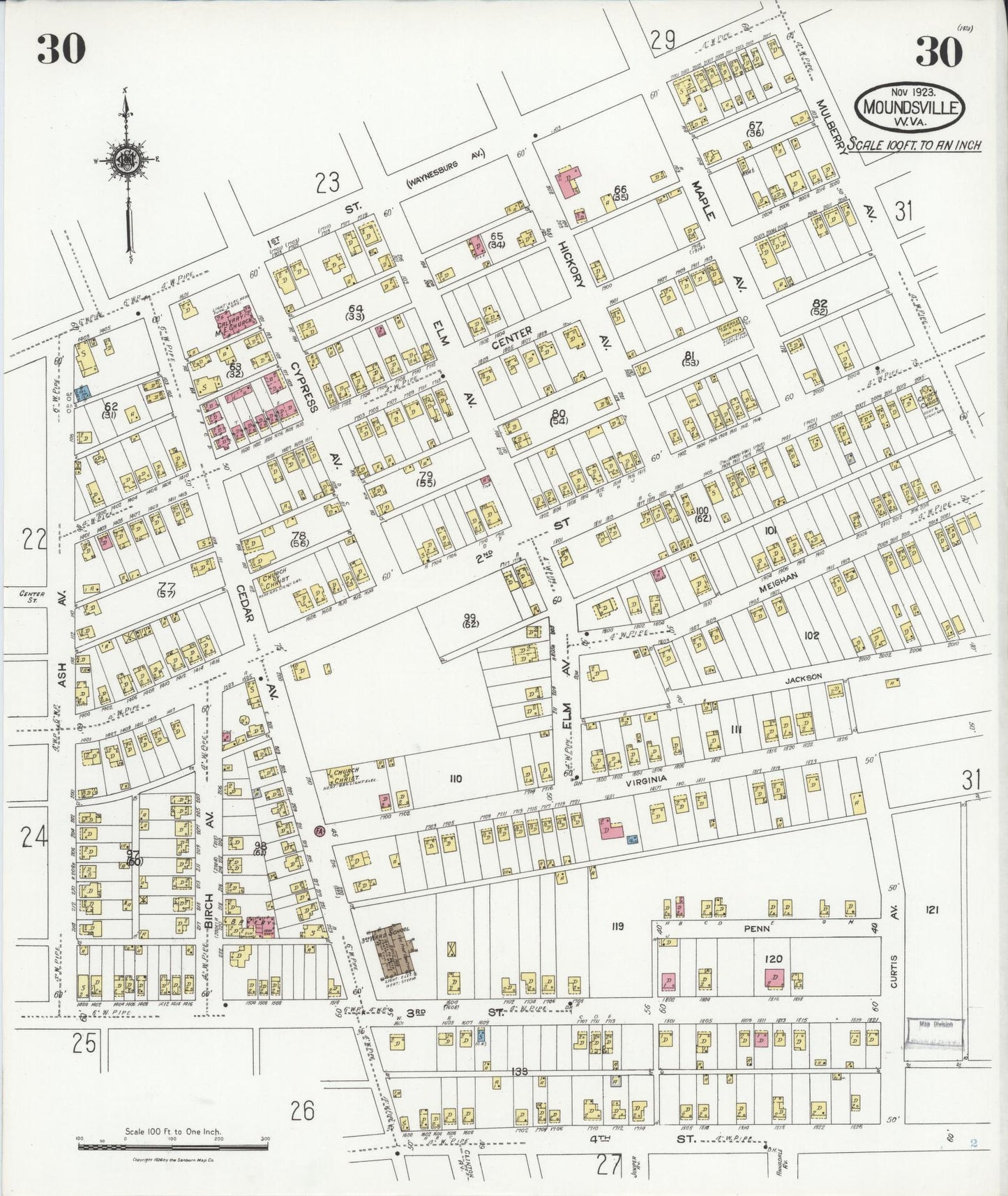 Sanborn Fire Insurance Map from Moundsville, Marshall County, West Virginia (1923), Sheet #0030 - Historic Sanborn Fire Insurance Map Print, vintage old map wall art, antique decor, genealogy gift, West Virginia West Virginia map