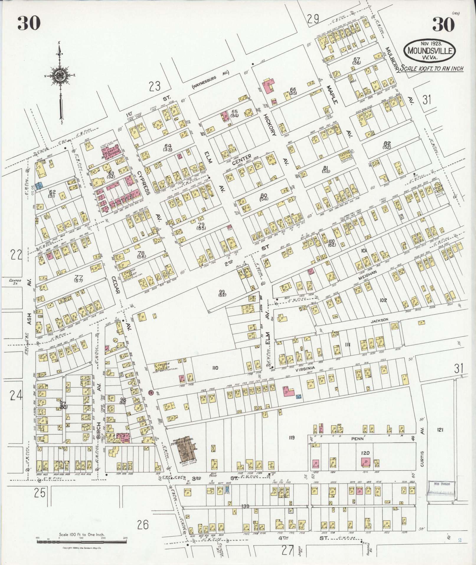 Sanborn Fire Insurance Map from Moundsville, Marshall County, West Virginia (1923), Sheet #0030 - Historic Sanborn Fire Insurance Map Print, vintage old map wall art, antique decor, genealogy gift, West Virginia West Virginia map