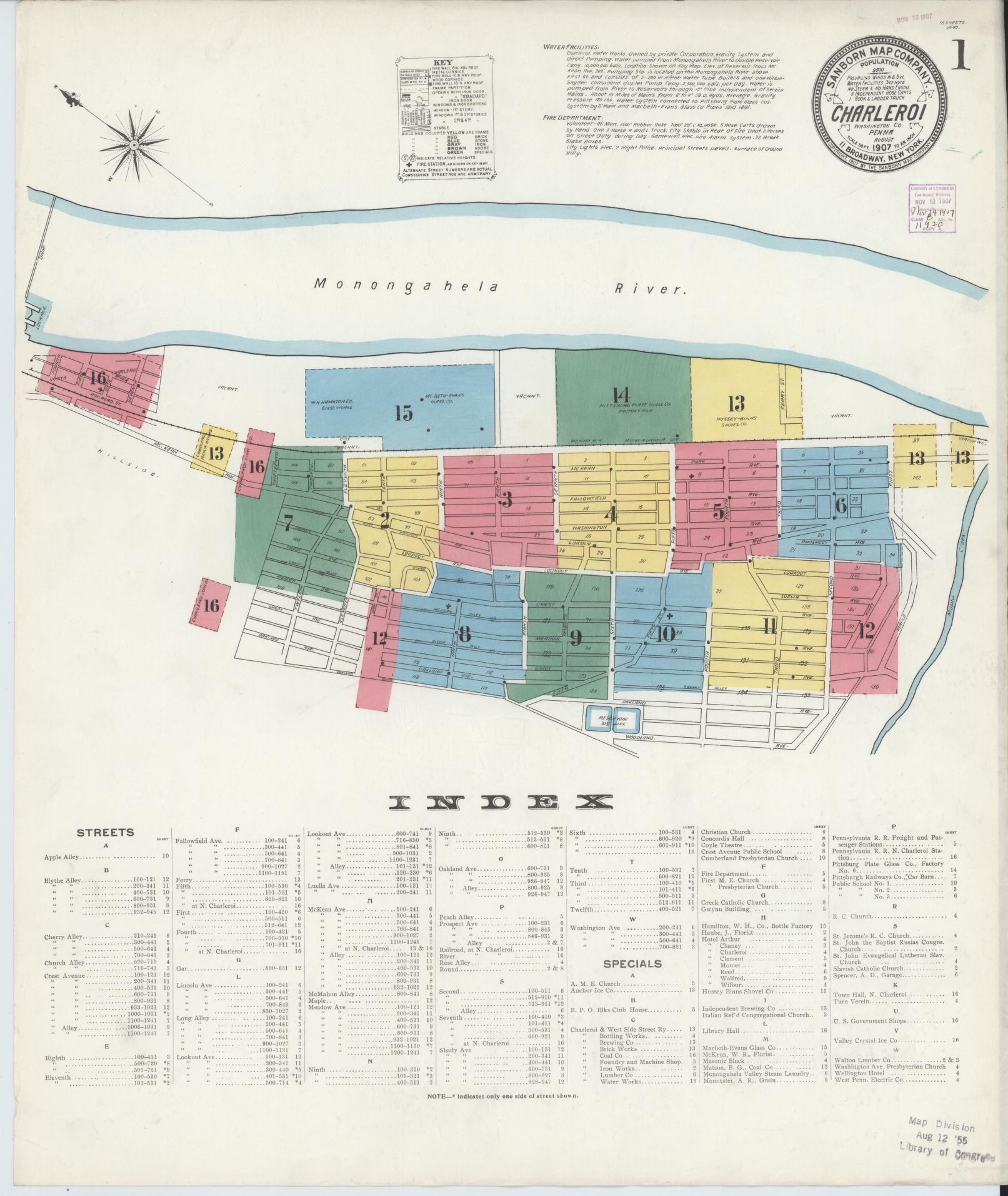 Sanborn Fire Insurance Map from Charleroi, Washington County, Pennsylvania (1907), Sheet #0001 - Historic Sanborn Fire Insurance Map Print, vintage old map wall art, antique decor, genealogy gift, Pennsylvania Pennsylvania map