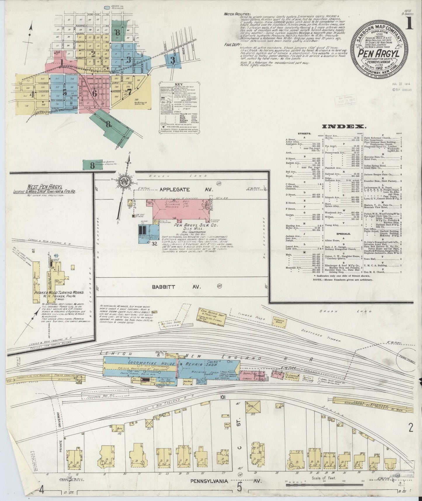 Sanborn Fire Insurance Map from Pen Argyl, Northampton County, Pennsylvania (1912), Sheet #0001 - Historic Sanborn Fire Insurance Map Print, vintage old map wall art, antique decor, genealogy gift, Pennsylvania Pennsylvania map
