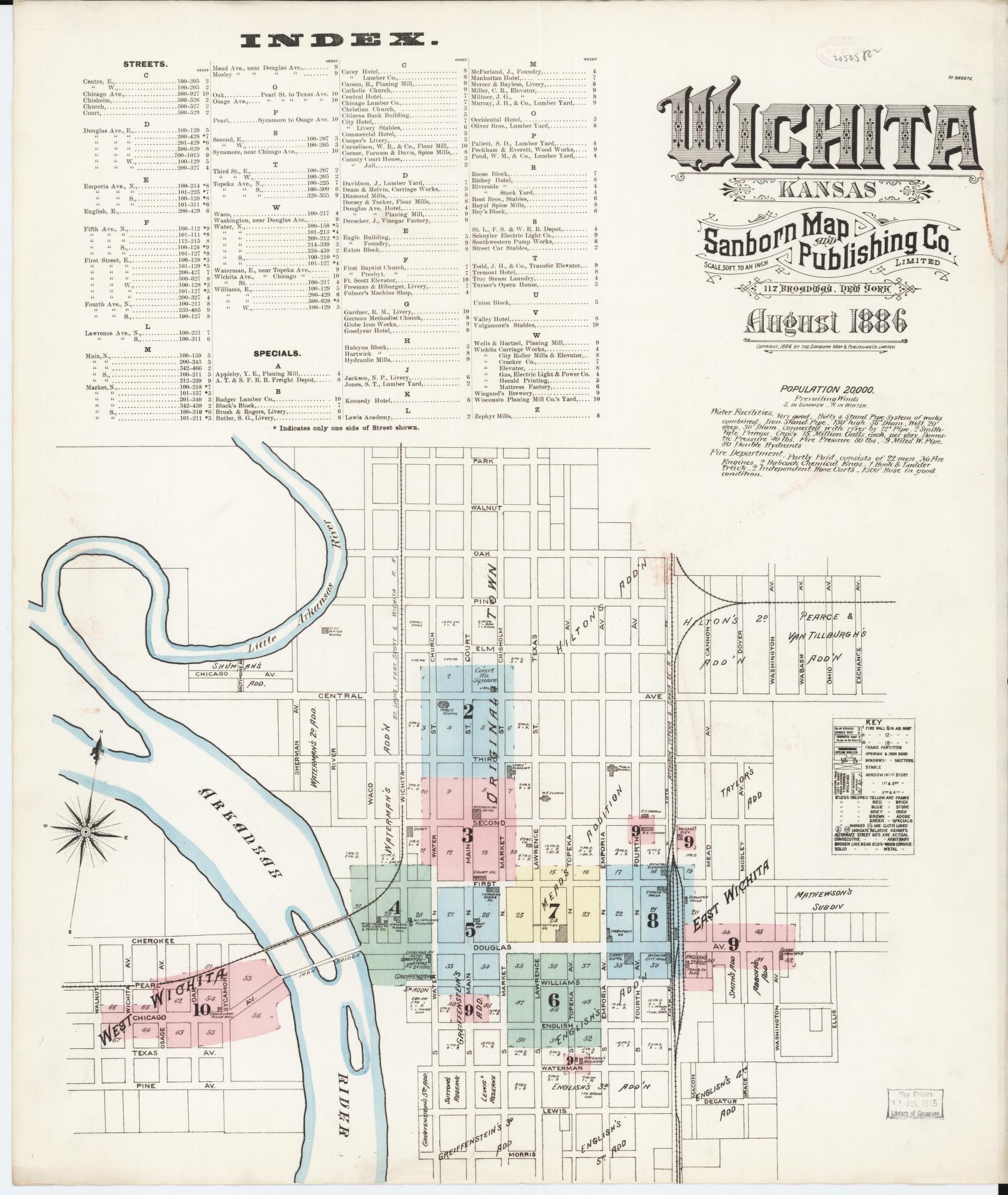 Sanborn Fire Insurance Map from Wichita, Sedgwick County, Kansas (1886), Sheet #0001 - Historic Sanborn Fire Insurance Map Print, vintage old map wall art, antique decor, genealogy gift, Kansas Kansas map