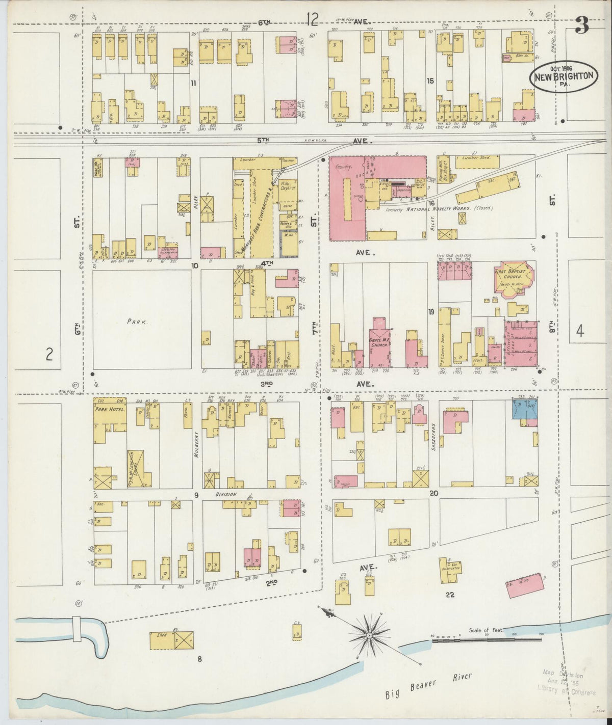 Sanborn Fire Insurance Map from New Brighton, Beaver County, Pennsylvania (1906), Sheet #0003 - Historic Sanborn Fire Insurance Map Print, vintage old map wall art, antique decor, genealogy gift, Pennsylvania Pennsylvania map