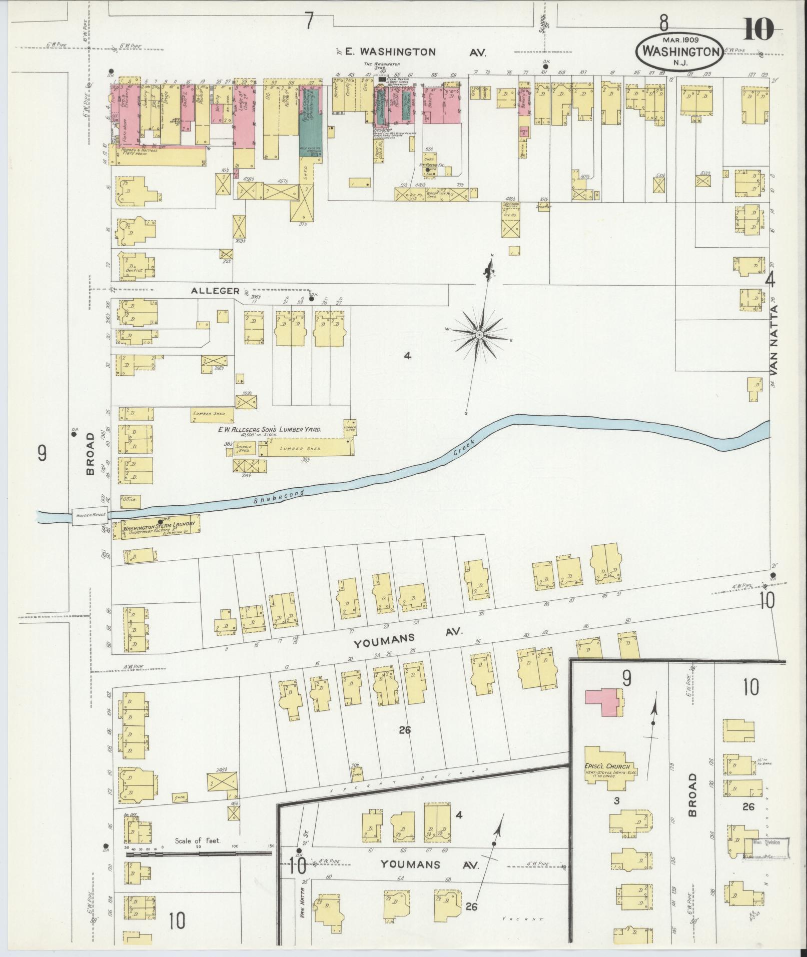 Sanborn Fire Insurance Map from Washington, Warren County, New Jersey (1909), Sheet #0010 - Historic Sanborn Fire Insurance Map Print, vintage old map wall art, antique decor, genealogy gift, Washington Washington map