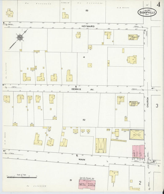 Sanborn Fire Insurance Map from Bishopville, Lee County, South Carolina (1910), Sheet #0004 - Historic Sanborn Fire Insurance Map Print, vintage old map wall art, antique decor, genealogy gift, South Carolina South Carolina map