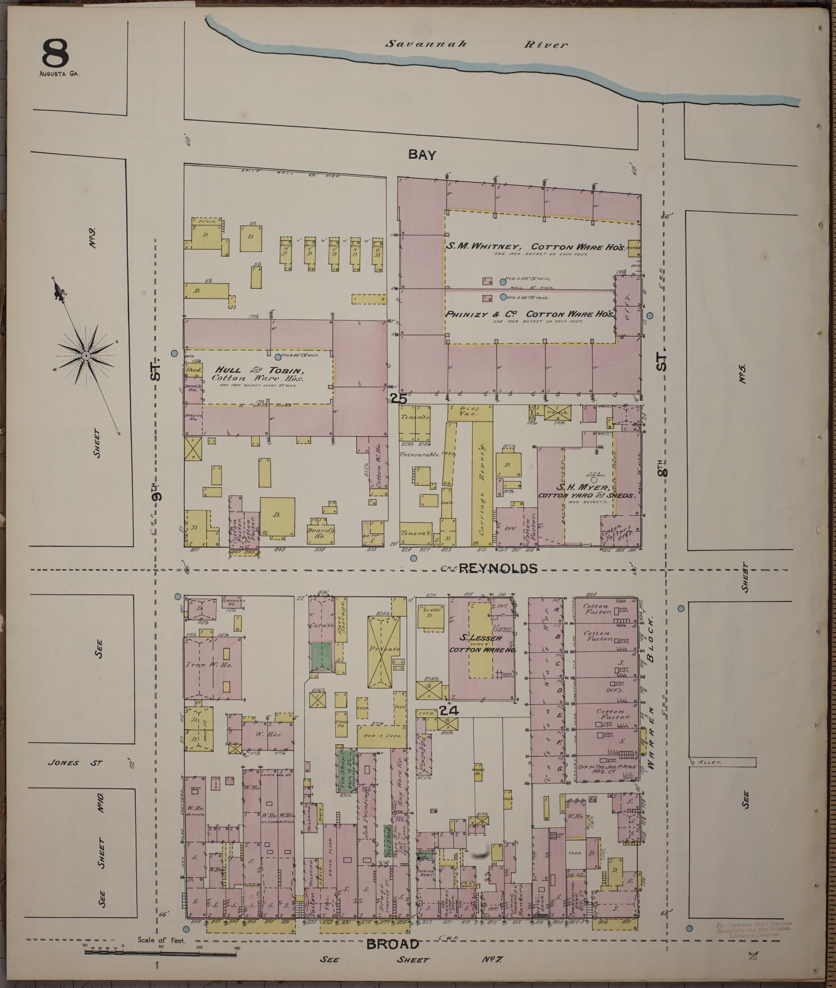 Sanborn Fire Insurance Map from Augusta, Richmond County, Georgia (1890), Sheet #0008 - Historic Sanborn Fire Insurance Map Print, vintage old map wall art, antique decor, genealogy gift, Georgia Georgia map