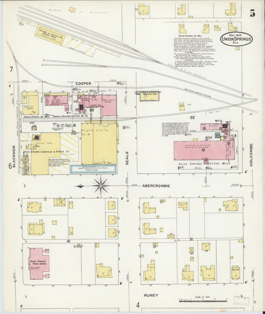 Sanborn Fire Insurance Map from Union Springs, Bullock County, Alabama (1909), Sheet #0005 - Historic Sanborn Fire Insurance Map Print, vintage old map wall art, antique decor, genealogy gift, Alabama Alabama map