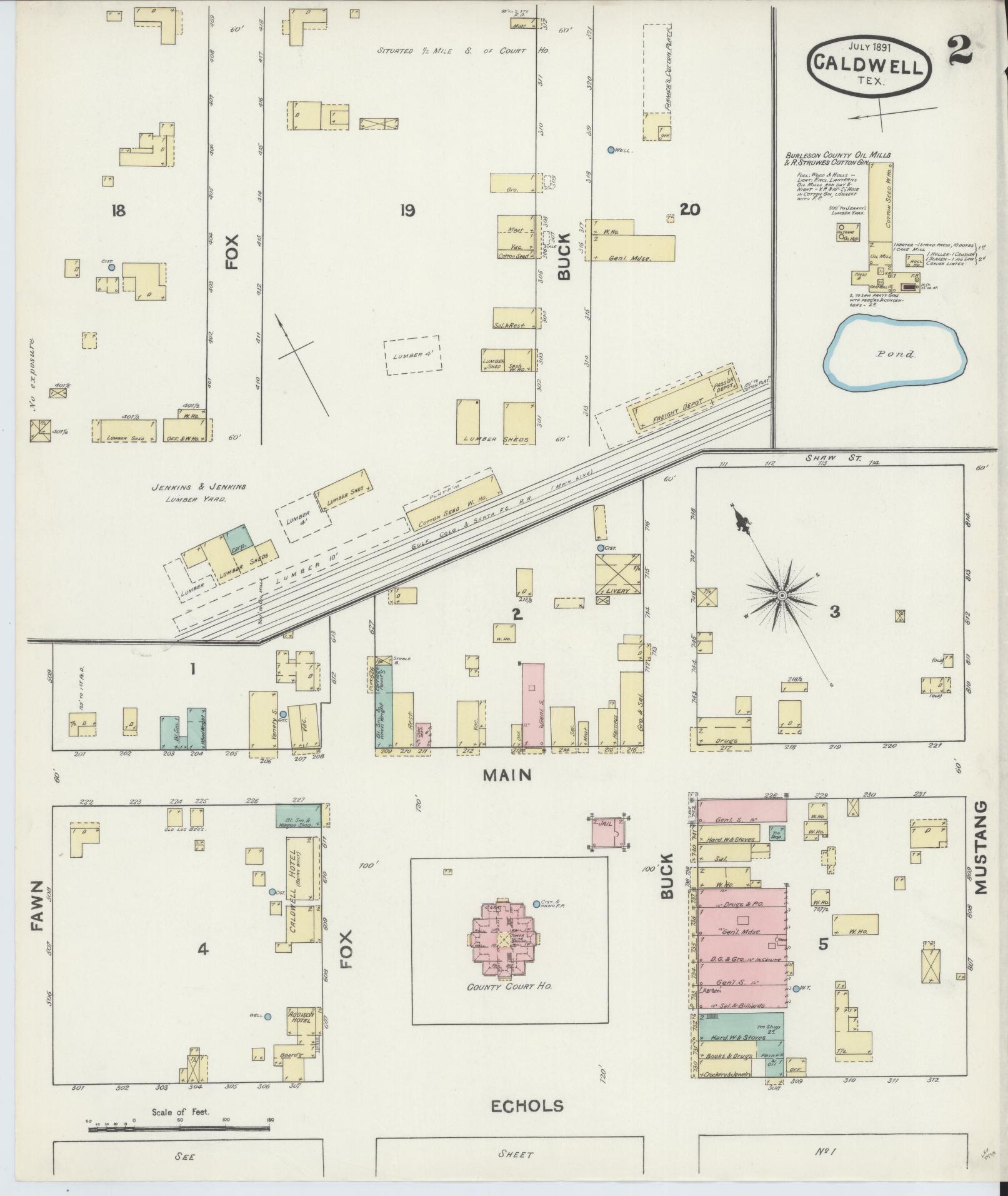 Sanborn Fire Insurance Map from Caldwell, Burleson County, Texas (1891), Sheet #0002 - Complete Map Set gallery image, historic Sanborn map, vintage wall art, Texas Texas