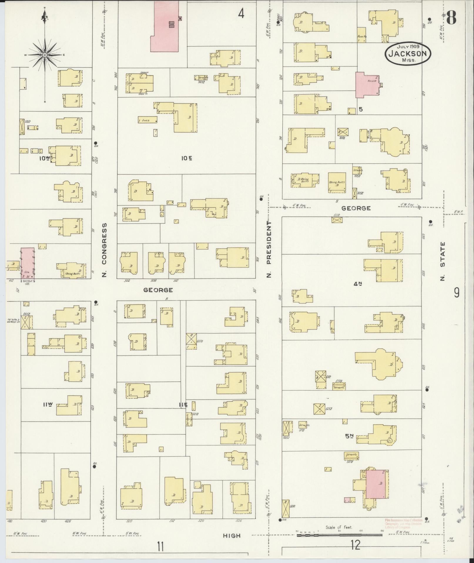 Sanborn Fire Insurance Map from Jackson, Hinds County, Mississippi (1909), Sheet #0008 - Historic Sanborn Fire Insurance Map Print, vintage old map wall art, antique decor, genealogy gift, Mississippi Mississippi map