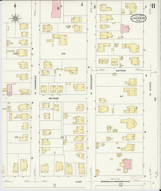 Sanborn Fire Insurance Map from Jackson, Hinds County, Mississippi (1909), Sheet #0008 - Historic Sanborn Fire Insurance Map Print, vintage old map wall art, antique decor, genealogy gift, Mississippi Mississippi map